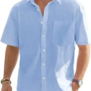 J.VER Men's Cotton Linen Short Sleeve Shirts Casual Lightweight Button Down Shirts Vacation Beach Summer Tops with Pocket