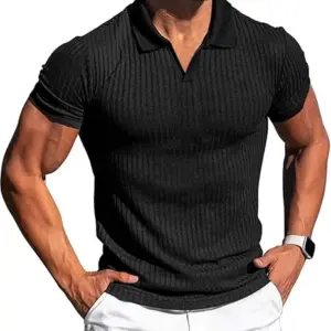 Collared Muscle Shirts for Men Ribbed Knit Slim Fit Polo Shirts Short Sleeve, Mens V Neck T Shirts Casual Stylish