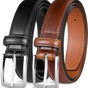 MILORDE Men's Leather Dress Belt 2Pack, Handmade, Genuine Leather, Fashion & Classic Designs for Work Business and Casual
